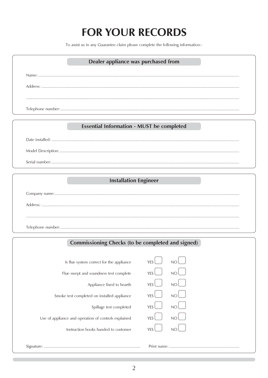 Yeoman YM-W9122FL, YM-W9121FL manual For Your Records 